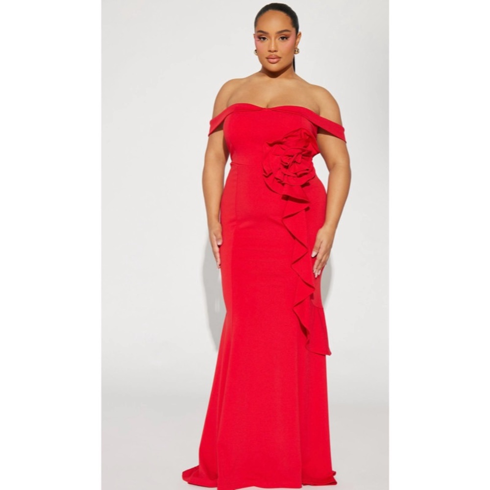 Red Off Shoulder Evening Gown W/ Rose Appliqué